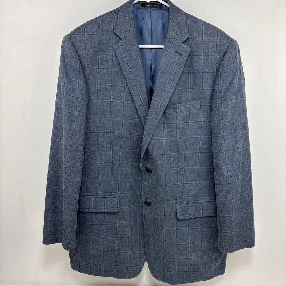 Ralph Lauren Mens Wool Silk Blazer Gray Blue Windowpane‎ Plaid Suit Jacket 42R